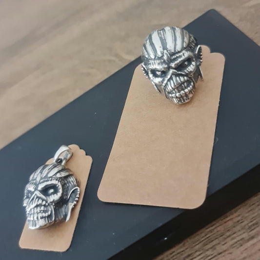 Handmade Sterling Silver Eddie Mayan Skull Ring Pendant: Rock Heavy Metal Bundle