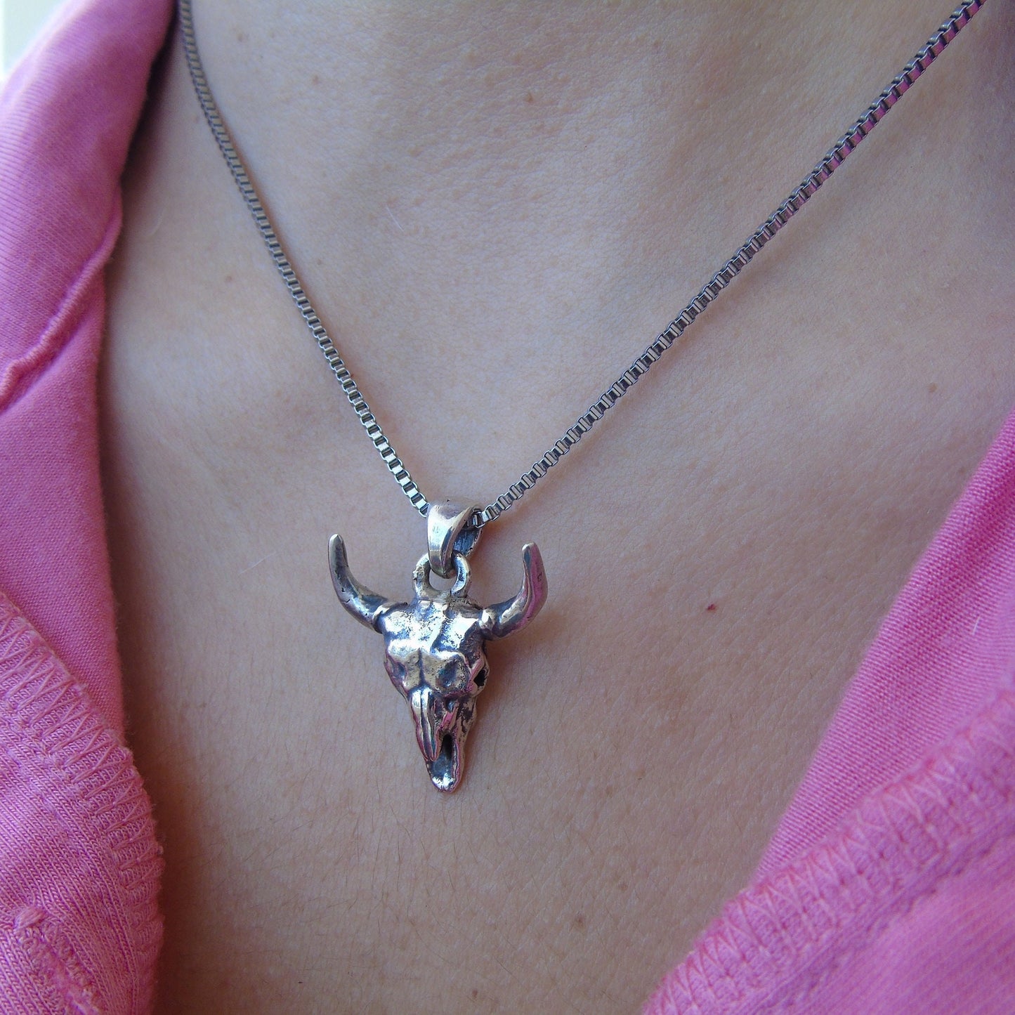 Handmade Buffalo Skull 925 Silver Necklace: Gothic Western Jewelry