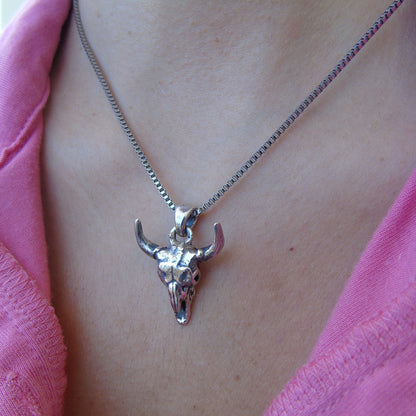 Handmade Buffalo Skull 925 Silver Necklace: Gothic Western Jewelry