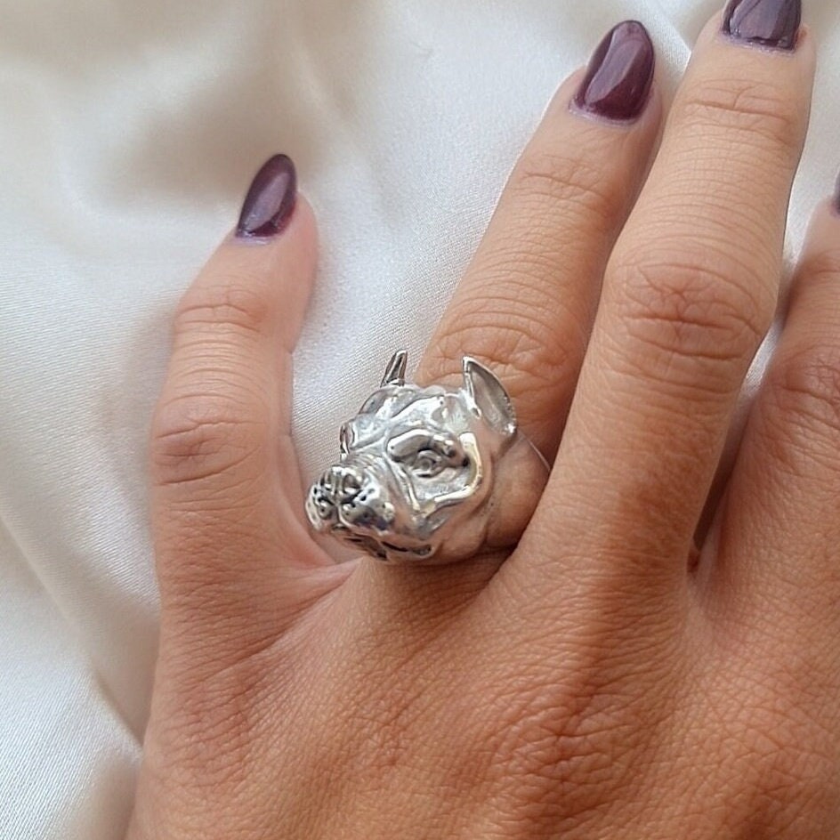 Handmade Sterling Silver American Pit Bull Ring - Dog Lover Gift
