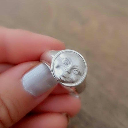 Handmade Sterling Silver Full Moon Face Ring: Celestial Jewelry