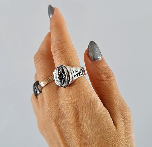 Handmade Gothic Sterling Silver "PU**Y LOVER" Ring