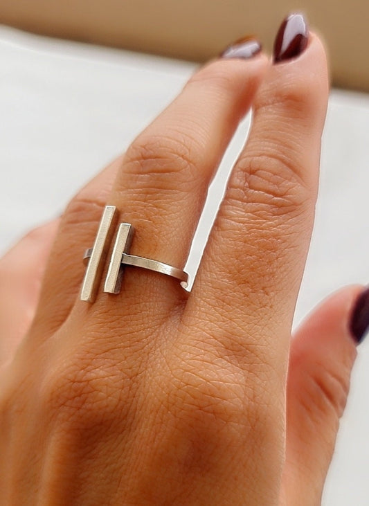 Handmade Sterling Silver Parallel Bars Ring: Minimalist Geometric Jewelry