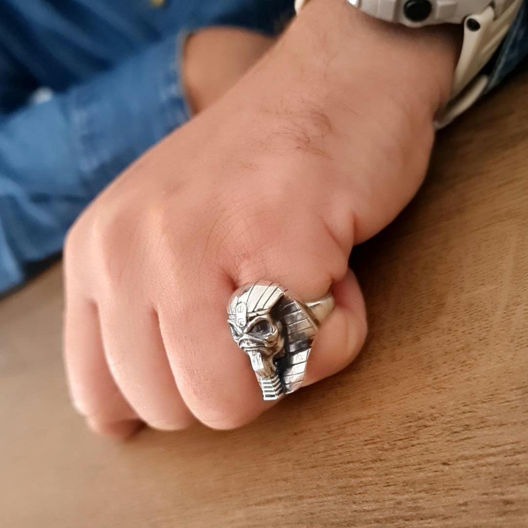 Handmade Sterling Silver Iron Maiden Powerslave Pharaoh King Skull Ring: Gothic Biker Jewelry