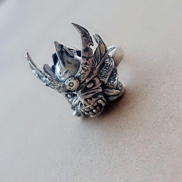 Handmade Sterling Silver Eddie Samurai Skull Ring - Japanese - Eddie Ring- Unique design - Rock Ring- Heavy metal Ring