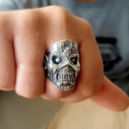 Handmade Sterling Silver Eddie Skull Ring - Biker Punk Rock