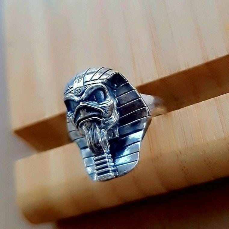 Handmade Sterling Silver Iron Maiden Powerslave Pharaoh King Skull Ring: Gothic Biker Jewelry