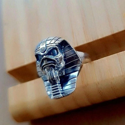 Handmade Sterling Silver Iron Maiden Powerslave Pharaoh King Skull Ring: Gothic Biker Jewelry