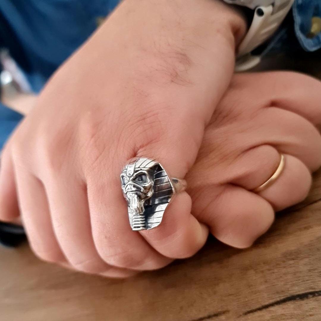 Handmade Sterling Silver Iron Maiden Powerslave Pharaoh King Skull Ring: Gothic Biker Jewelry