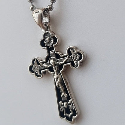 Handmade Sterling Silver Rosary Necklace: Jesus Crucifix Cross Pendant