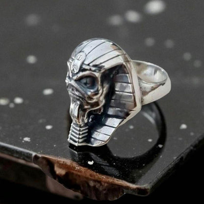 Handmade Sterling Silver Iron Maiden Powerslave Pharaoh King Skull Ring: Gothic Biker Jewelry