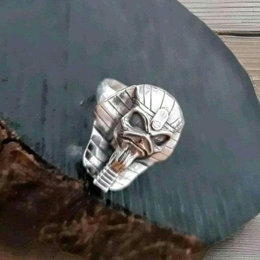 Handmade Sterling Silver Iron Maiden Powerslave Pharaoh King Skull Ring: Gothic Biker Jewelry