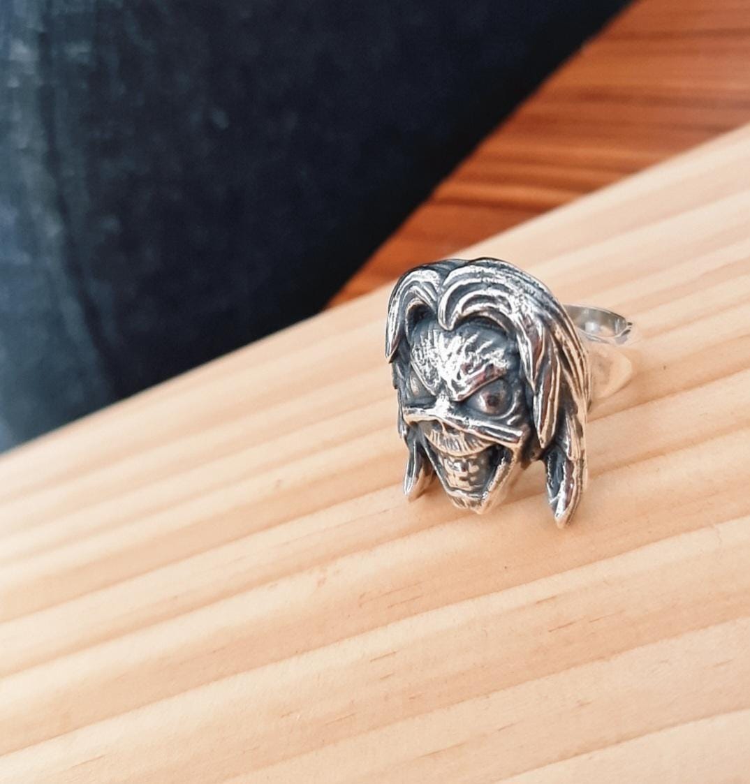 Handmade Sterling Silver Eddie Skull Ring: Biker Rock Pendant