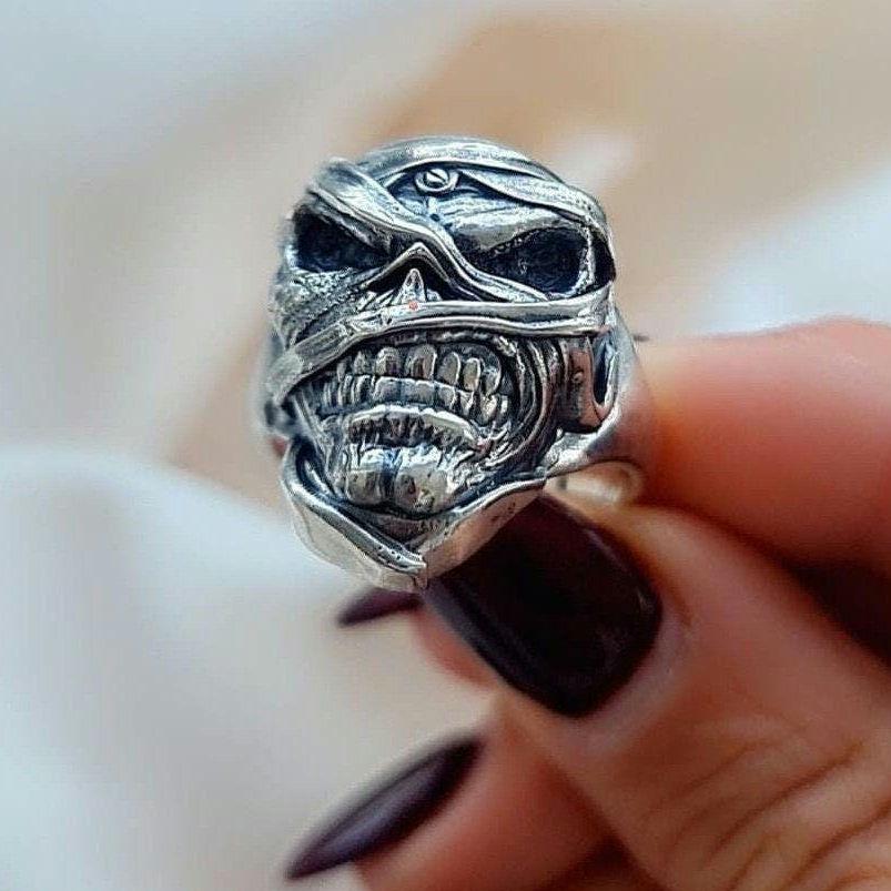 Eddie Mummy Skull Ring – Egyptian Rock Jewelry – Unique Heavy Metal Statement Handmade Sterling Silver
