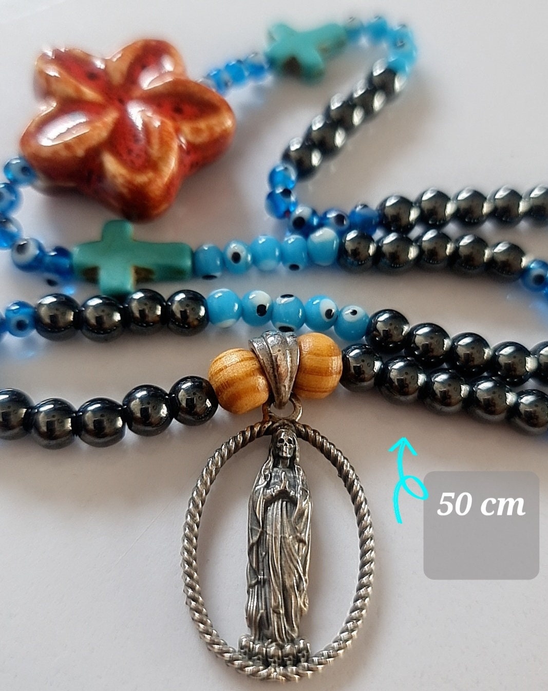 Handmade 925 Silver Santa Muerte Necklace: Gothic Beaded Pendant