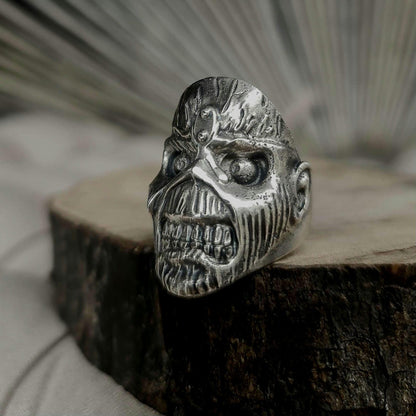 Handmade Sterling Silver Eddie Skull Ring - Biker Punk Rock