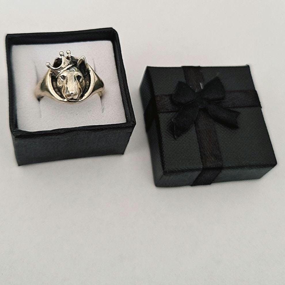 Sterling Silver Bull Terrier Ring with Crown: Handmade Dog Lover Jewelry