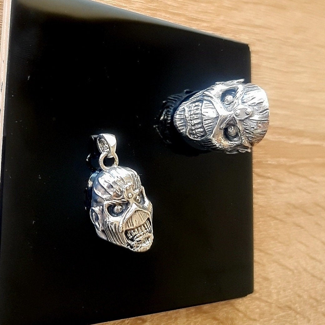 Handmade Sterling Silver Eddie Skull Pendant: Biker Rock Jewelry