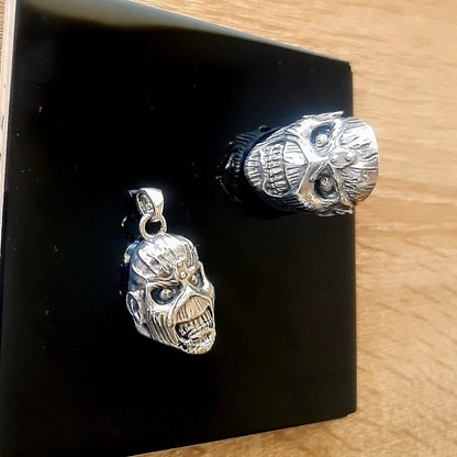 Handmade Sterling Silver Eddie Skull Pendant: Biker Rock Jewelry