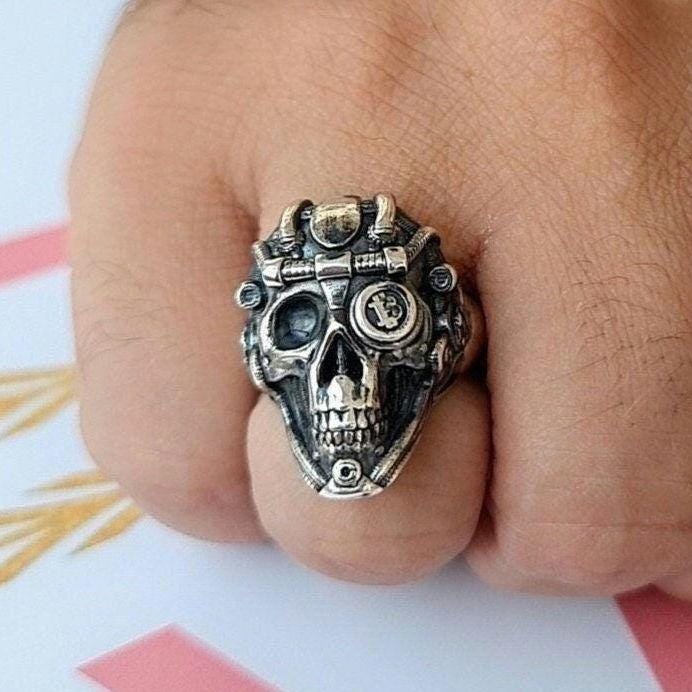 Handmade Sterling Silver Bitcoin Skull Ring: Gothic Crypto Jewelry