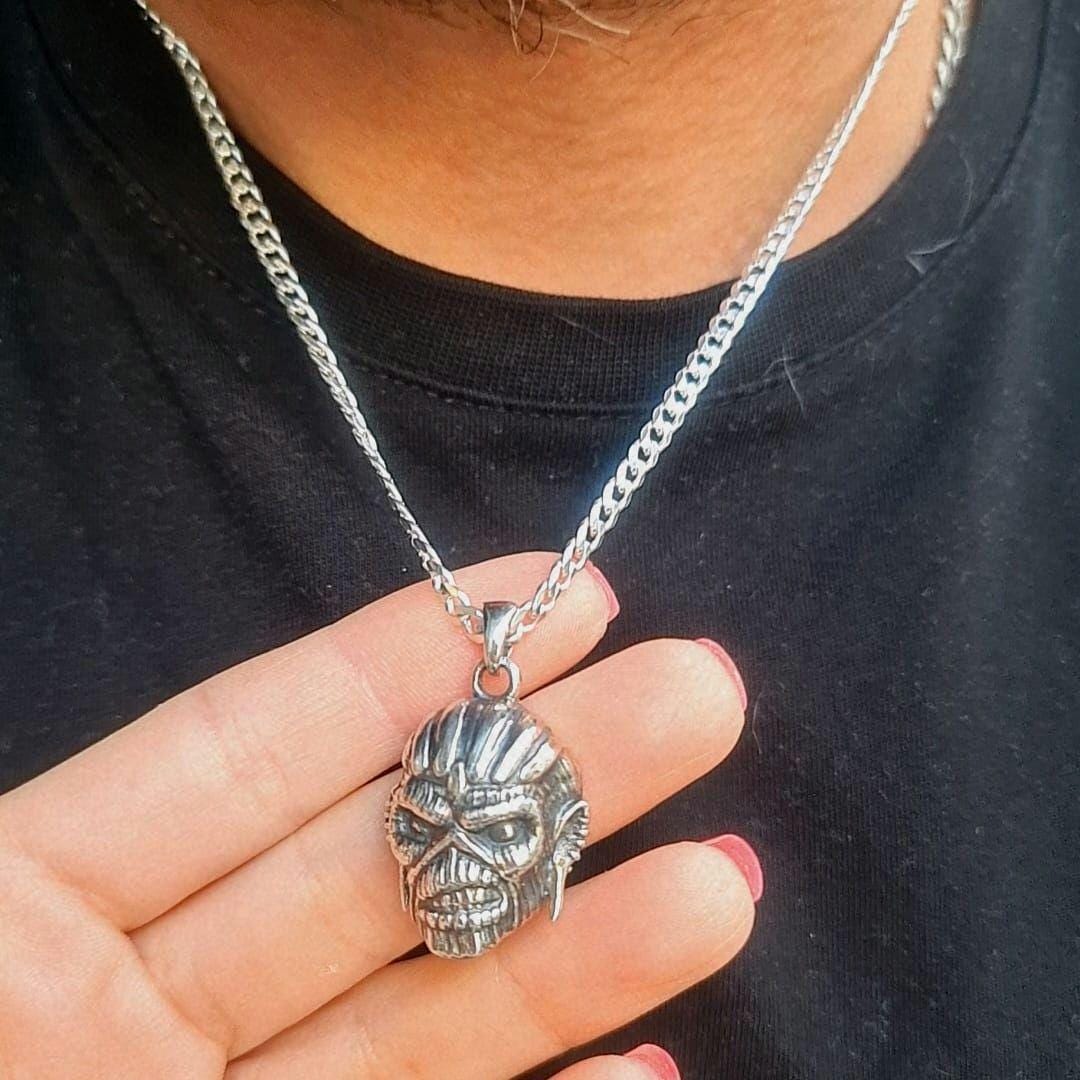 Handmade Sterling Silver Eddie Mayan Warrior Skull Pendant -Rock Heavy metal jewelry