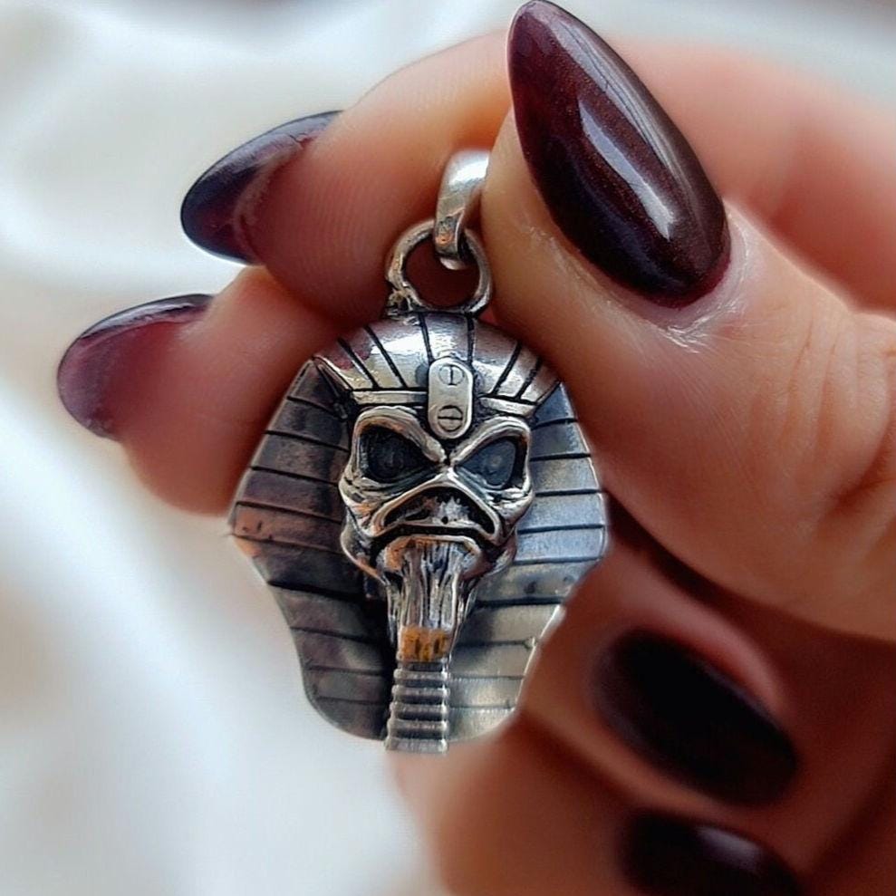 Eddie Pharaoh King Skull Pendant- Egyptian -Rock Heavy metal- Sterling Silver