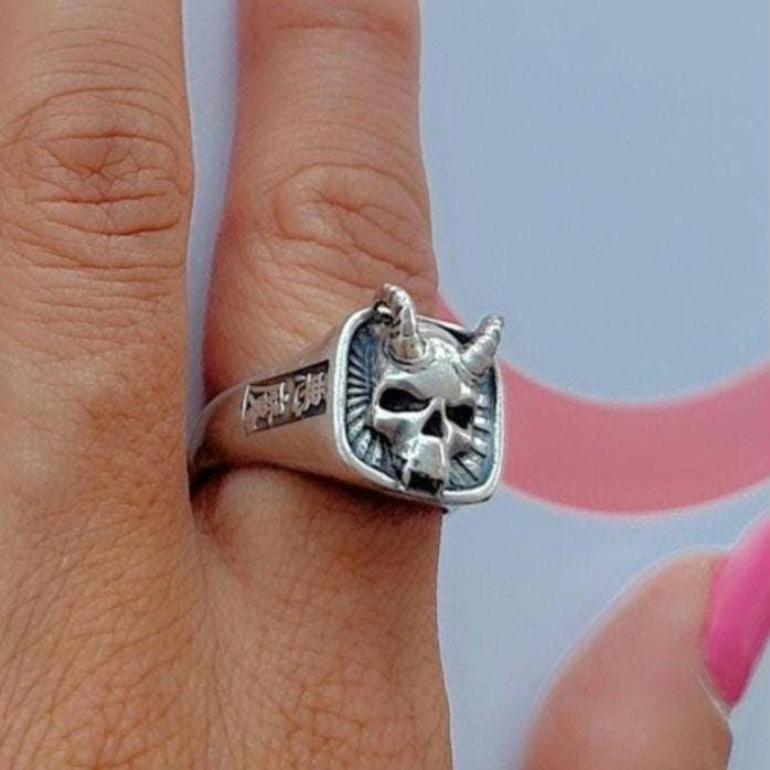 Handcrafted 925 Silver Japanese Oni Skull Ring