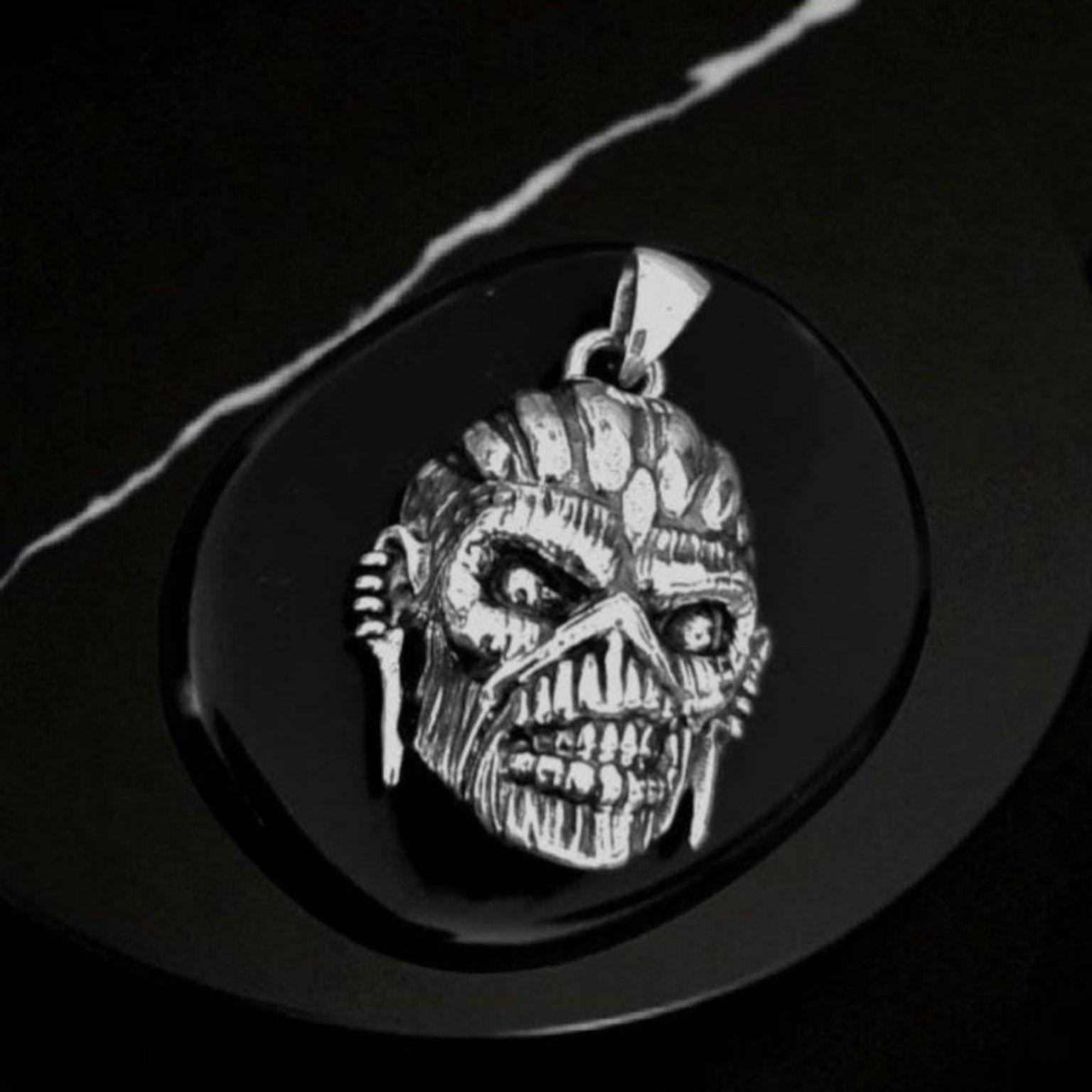 Handmade Sterling Silver Eddie Mayan Warrior Skull Pendant -Rock Heavy metal jewelry