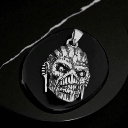 Handmade Sterling Silver Eddie Mayan Warrior Skull Pendant -Rock Heavy metal jewelry