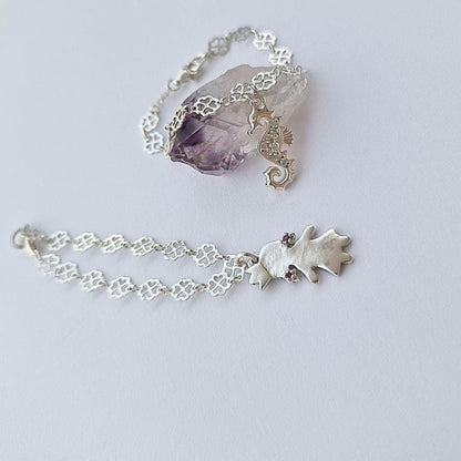 Children’s Sterling Silver Bracelets – Seahorse with Sparkling Stones & Little Princess Charm – 15cm Floral Chain