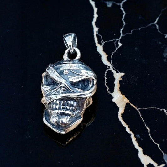 Handmade Sterling Silver Mummy Skull Pendant: Rocker Jewelry