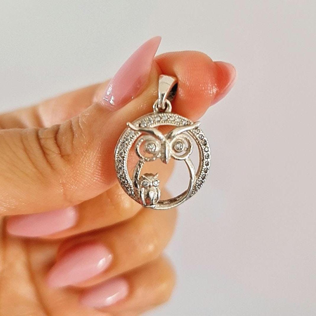 Sterling Silver Mummy & Baby Owl Pendant: Sparkling Stone Eyes