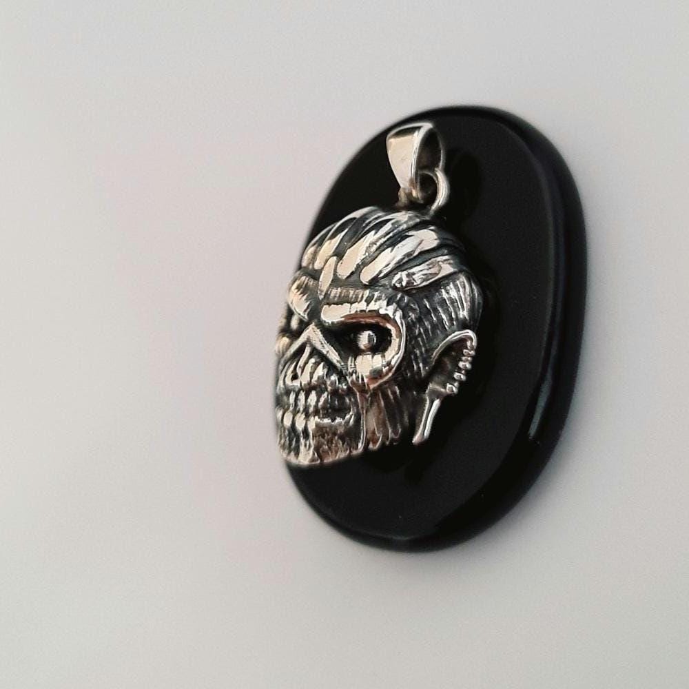 Handmade Sterling Silver Eddie Mayan Warrior Skull Pendant -Rock Heavy metal jewelry