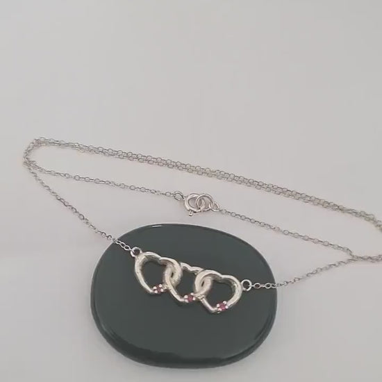 Sterling Silver Interlocking Hearts Necklace: Red Stone Accents, Romantic Gift