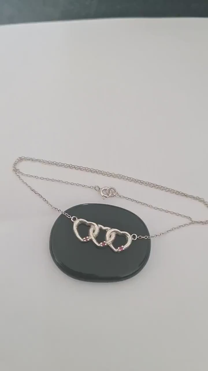 Sterling Silver Interlocking Hearts Necklace: Red Stone Accents, Romantic Gift