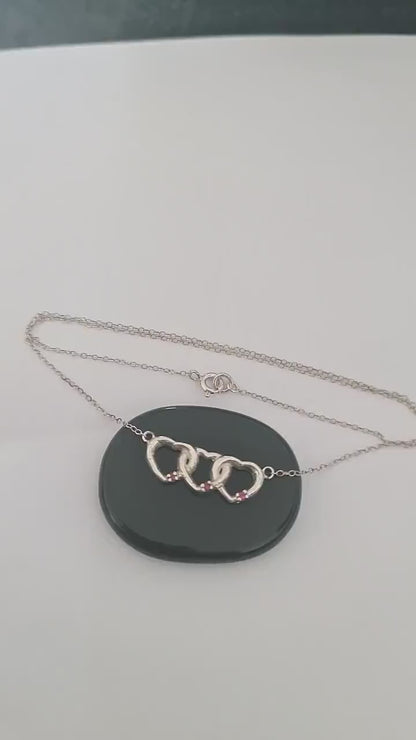 Sterling Silver Interlocking Hearts Necklace: Red Stone Accents, Romantic Gift