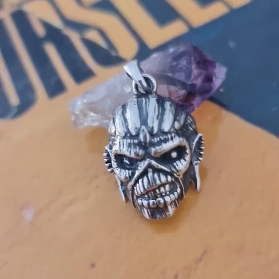 Handmade  Sterling Silver Eddie Mayan Warrior Skull Pendant -Rock  Heavy metal jewelry