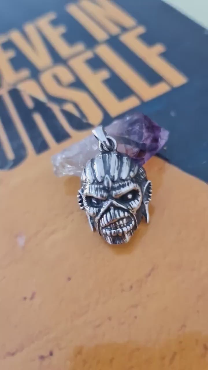 Handmade  Sterling Silver Eddie Mayan Warrior Skull Pendant -Rock  Heavy metal jewelry
