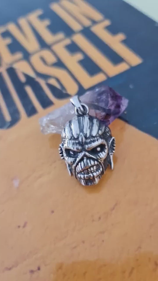 Handmade  Sterling Silver Eddie Mayan Warrior Skull Pendant -Rock  Heavy metal jewelry