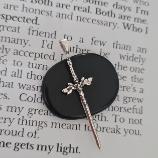 Sterling Silver Blue Rose Sword Pendant: Anime Fantasy Jewelry
