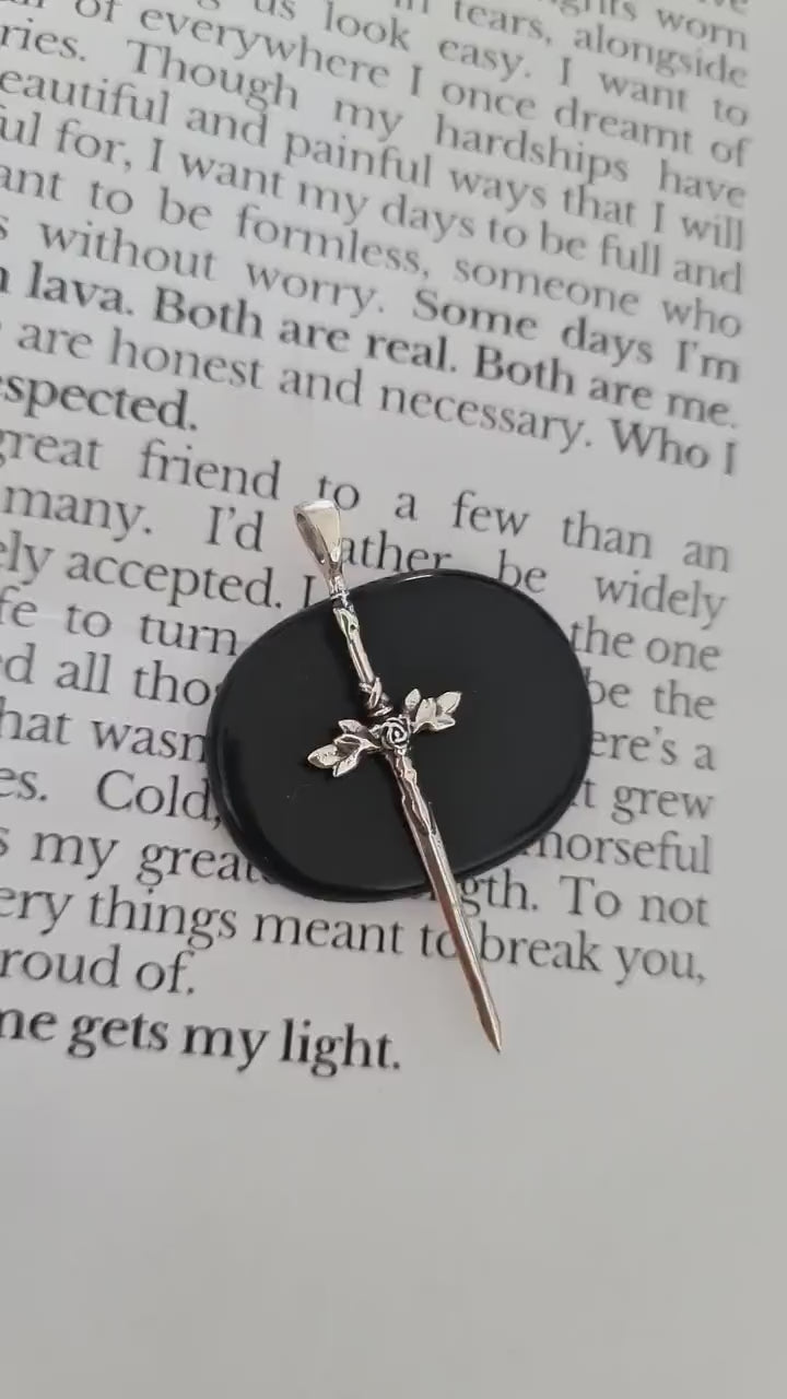 Sterling Silver Blue Rose Sword Pendant: Anime Fantasy Jewelry