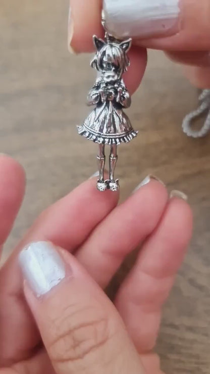 Anime Catgirl Necklace: Pewter Art Deco Pendant, Stainless Steel Chain